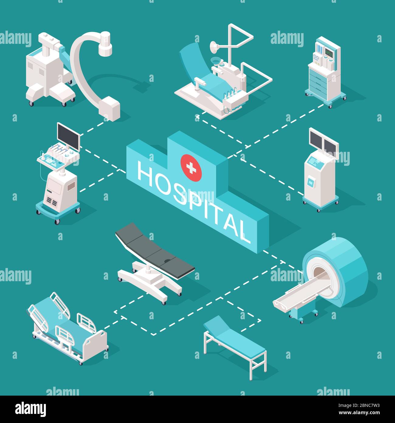 Medizinische Geräte isometrische Vektorgrafik. Isometrische medizinische Geräte, Röntgen- und mrt-Untersuchungen im Krankenhaus Stock Vektor