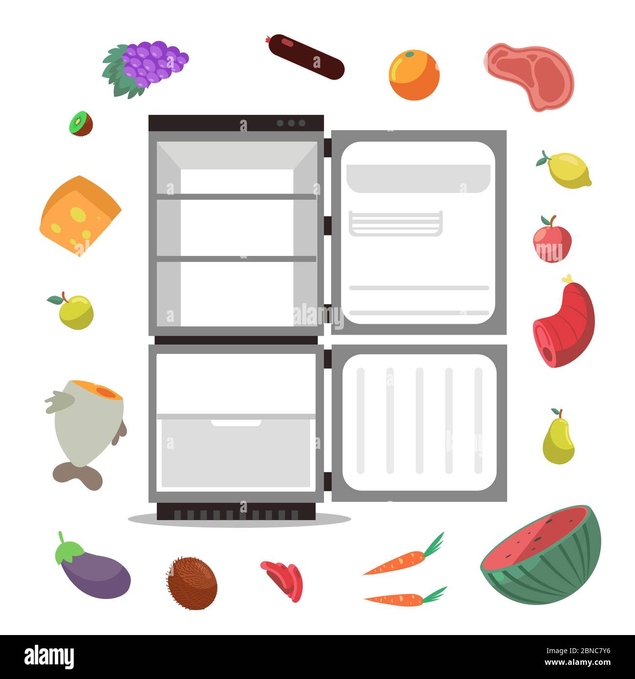 Öffnen Sie leeren Kühlschrank mit gesunden Lebensmitteln für Ernährung Vektor-Illustration isoliert auf weißem Hintergrund Stock Vektor