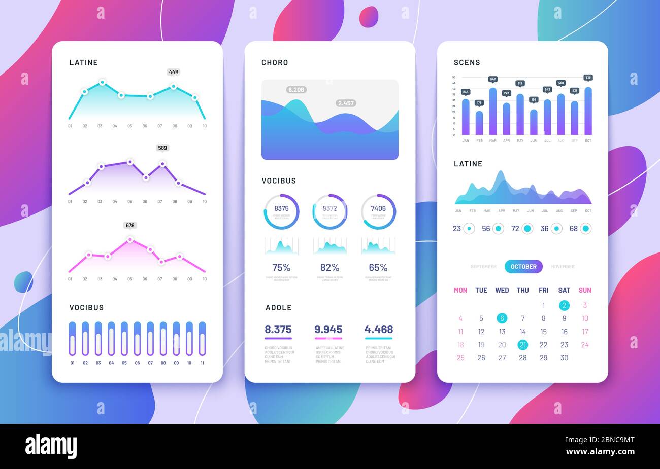Benutzeroberfläche für Mobiltelefone. Bedienfeld mit Statistik-Diagramme, Diagramme Kalender. Jahresdiagramme des Marktes. Vektorvorlagen für Telefon-Apps. Handy-ui, Grafik und Diagramm Statistik Illustration Stock Vektor