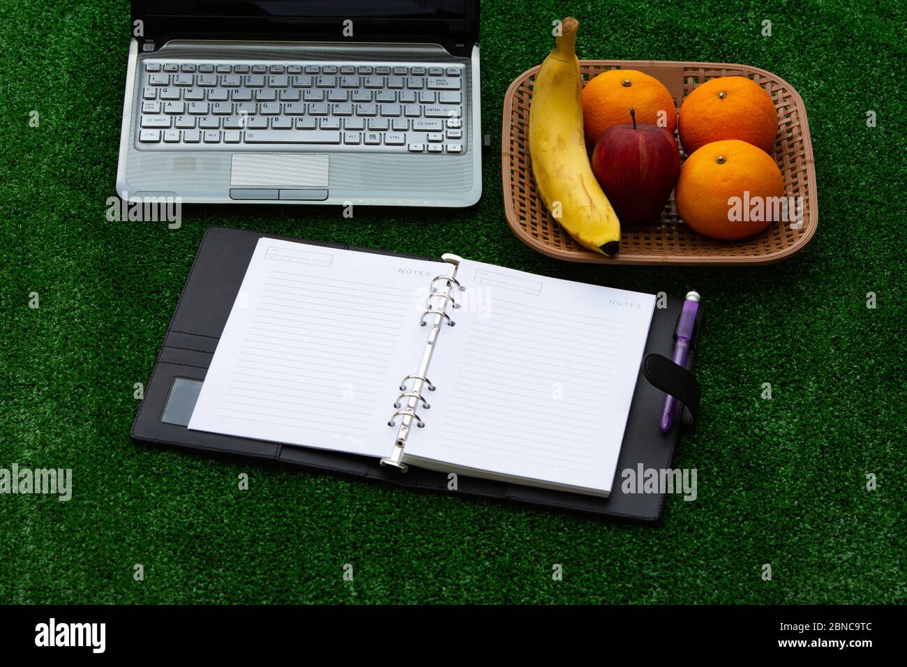 Arbeiten von zu Hause Konzept während der Virusverbreitung, zeigen flexible Arbeitszeiten mit Laptop, Buch und Obst auf Gras Hintergrund. Stockfoto