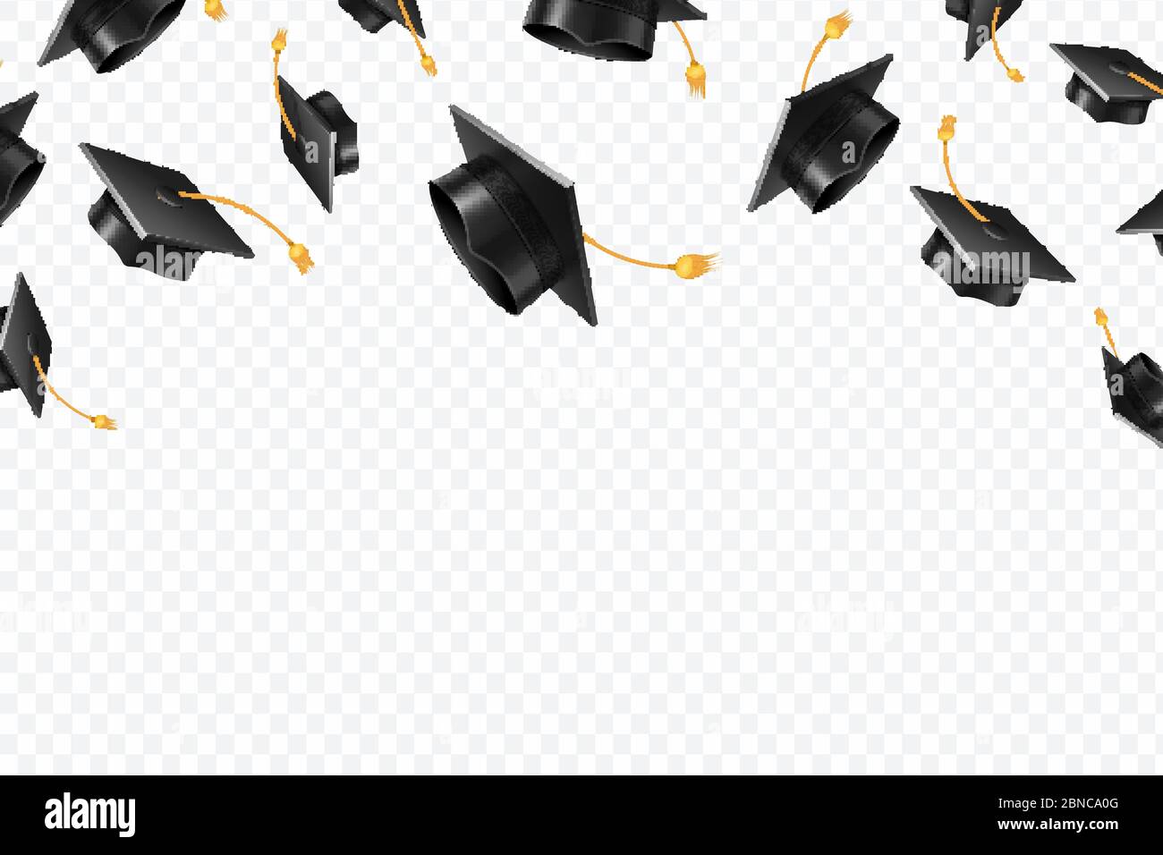 Graduate Caps fliegen. Schwarze akademische Hüte in der Luft. Bildung isoliert Vektor-Konzept. Beenden Sie Hochschulbildung, Graduierung Schule Illustration Stock Vektor