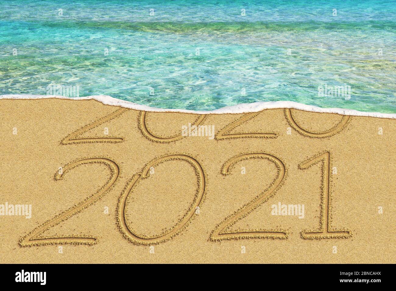 Frohes neues Jahr 2021 und verlassen Jahr 2020 Konzept Text am Strand Stockfoto