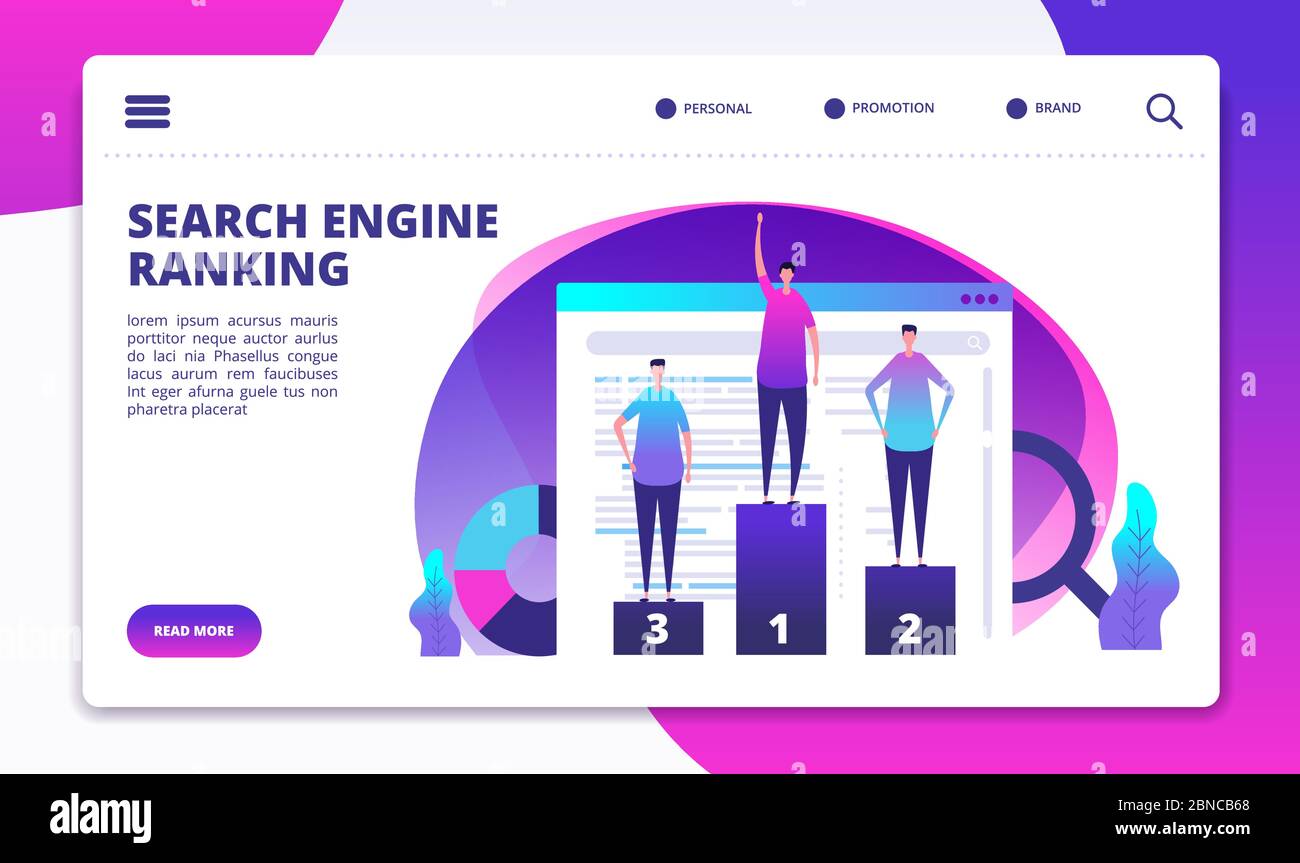 Suchmaschinen-Ranking. SEO Marketing Strategie und Website Optimierung. Erfolg online Business Landing Vector Seite. Illustration des seo-Erfolgs, Gewinner-Analyse Stock Vektor