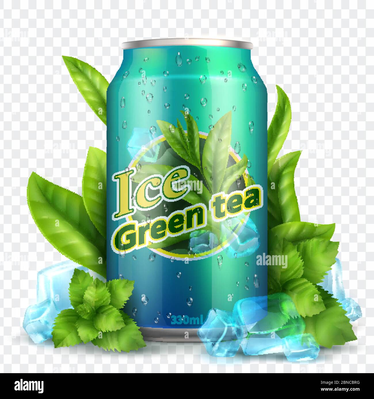 Eistee Hintergrund. Realistische Dose mit Teeblättern und Eis. Modell für Produktwerbung. Illustration von grünem Tee trinken Frische Stock Vektor