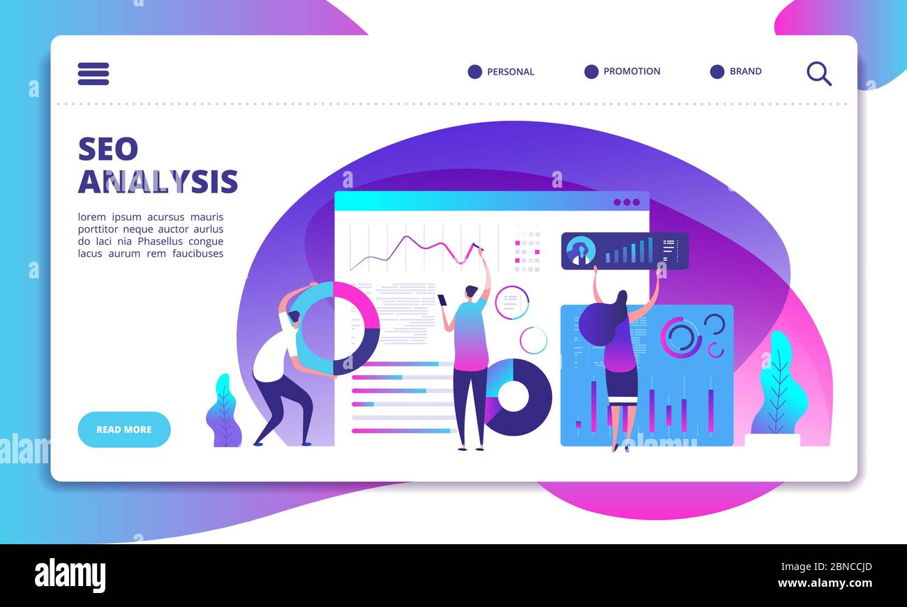 SEO-Analyse. Internet-Marketing, moderne soziale Technologie. SEO Service Landing Page Vektorkonzept. Optimierung Entwicklungsdaten, Analyse seo Illustration Stock Vektor