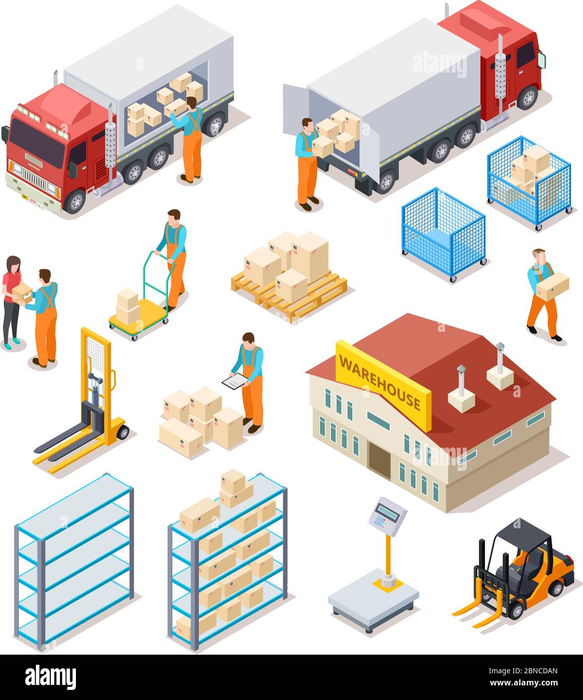 Lieferung isometrisch. Logistik, Distribution Lager, LKW mit Menschen Arbeiter mit Kisten Paket. 3d-Vektor-Set für die Frachtindustrie. Abbildung LKW logistischer Transport, industrielle Lieferung Stock Vektor