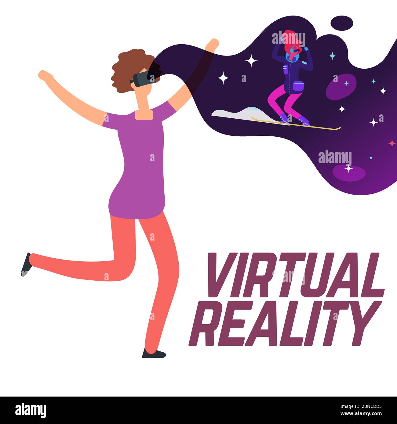 Mädchen Skifahren mit Virtual Reality Brille Vektor-Konzept. Mädchen mit vr Gadget, Headset Brille Illustration Stock Vektor