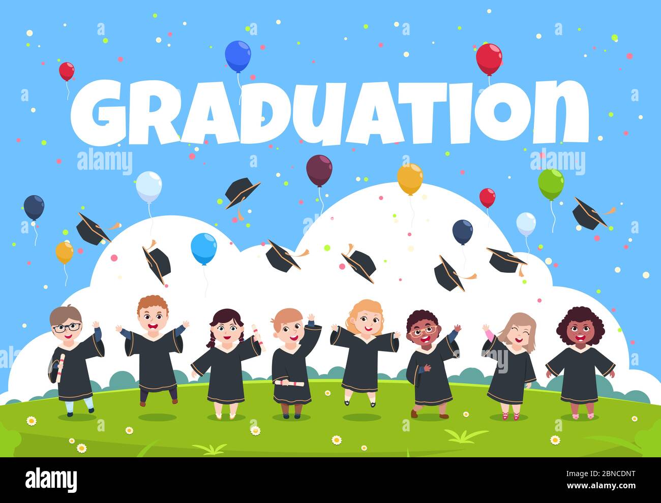 Graduate Kinder Hintergrund. Kinder tragen in akademischen Kleidung feiern Graduierung Tag Vektor-Illustration. Ausbildung und Graduierung, akademische Zeremonie Stock Vektor