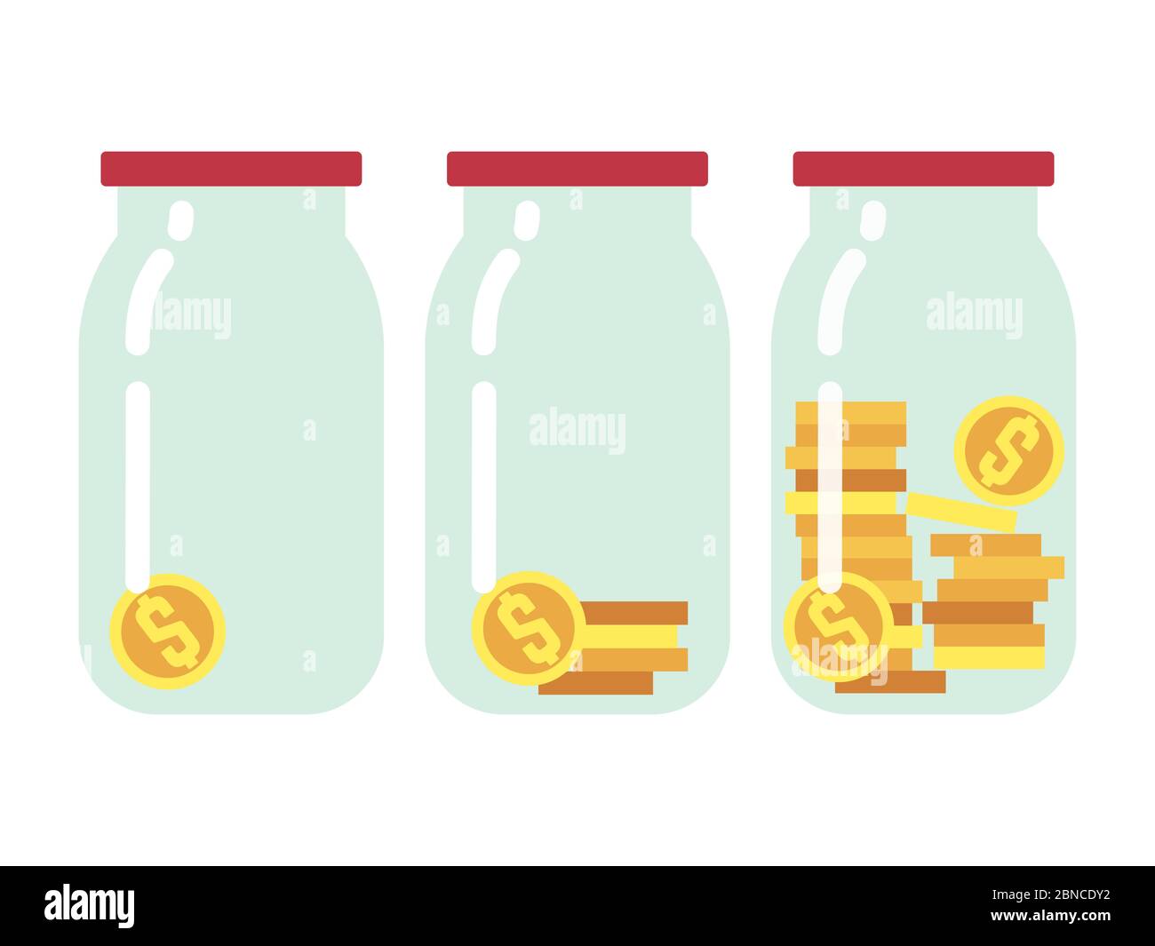 Schritt für Schritt sparen Geld flache Vektor-Illustration. Spargeld in Glas Bank Stock Vektor