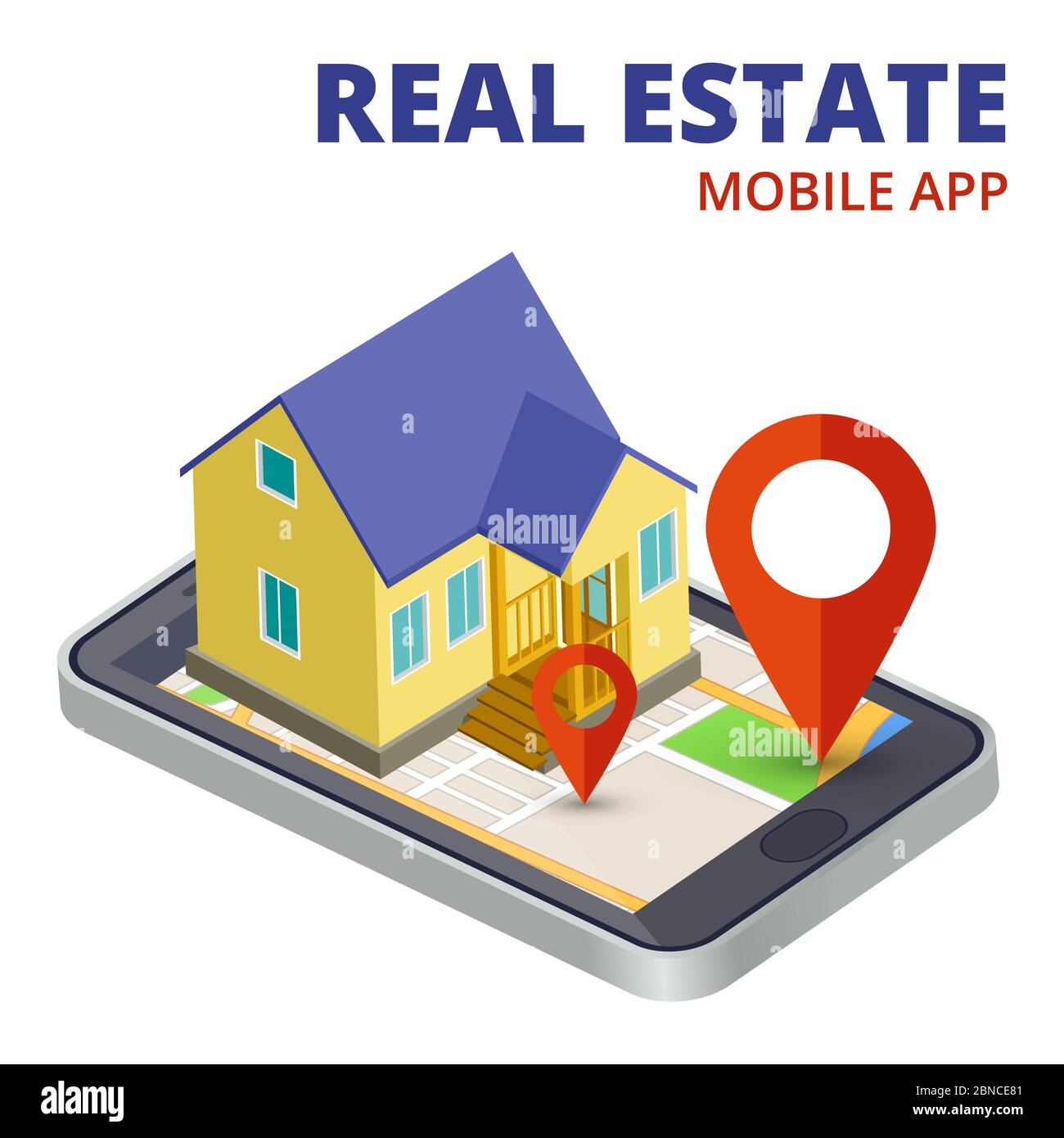 Isometrische Immobilien-App mit Handy und 3d-Haus-Vektor. Illustration der mobilen App für Immobilien Stock Vektor