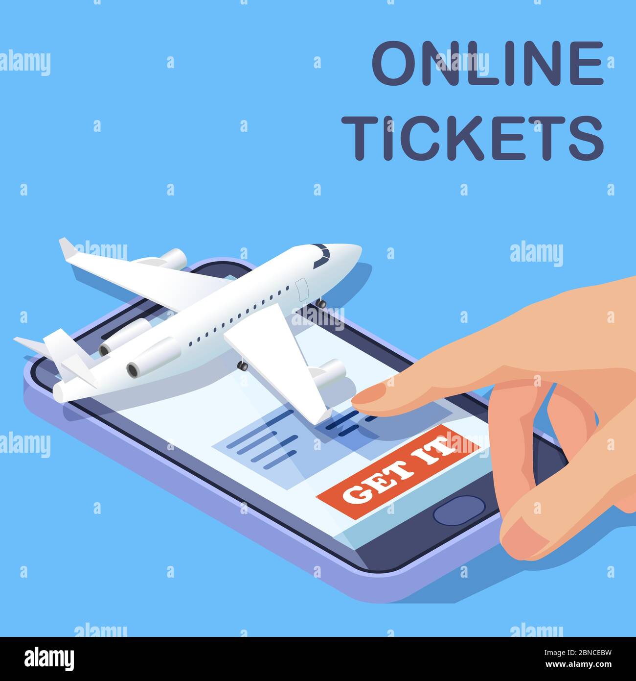 Online-Tickets für Fluggesellschaften, mobile App, isometrisches Vektorkonzept. Illustration von Online-Tickets kaufen, um Flugzeug Stock Vektor