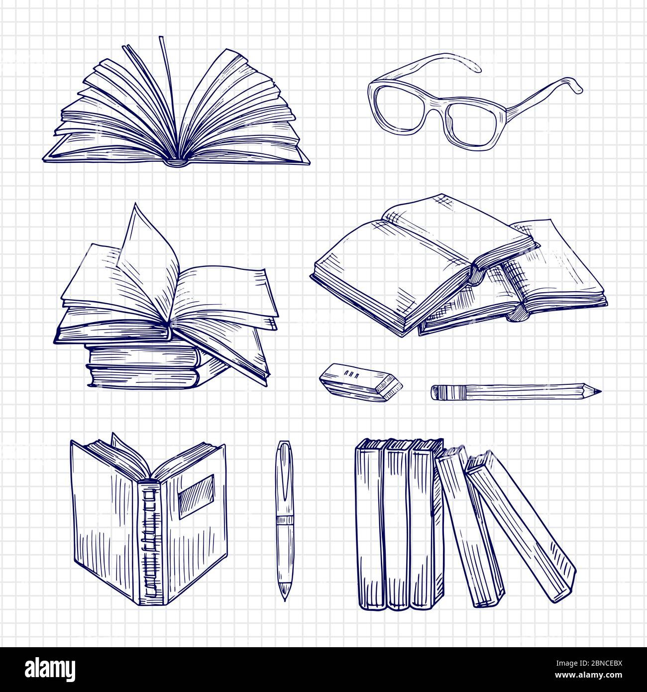 Skizzenbücher und Schreibwaren. Vintage Bibliothek Doodle Vektor-Sammlung. Illustration von Schreibpapier Buch und Notizbuch Papier, Stift und Gläser Stock Vektor