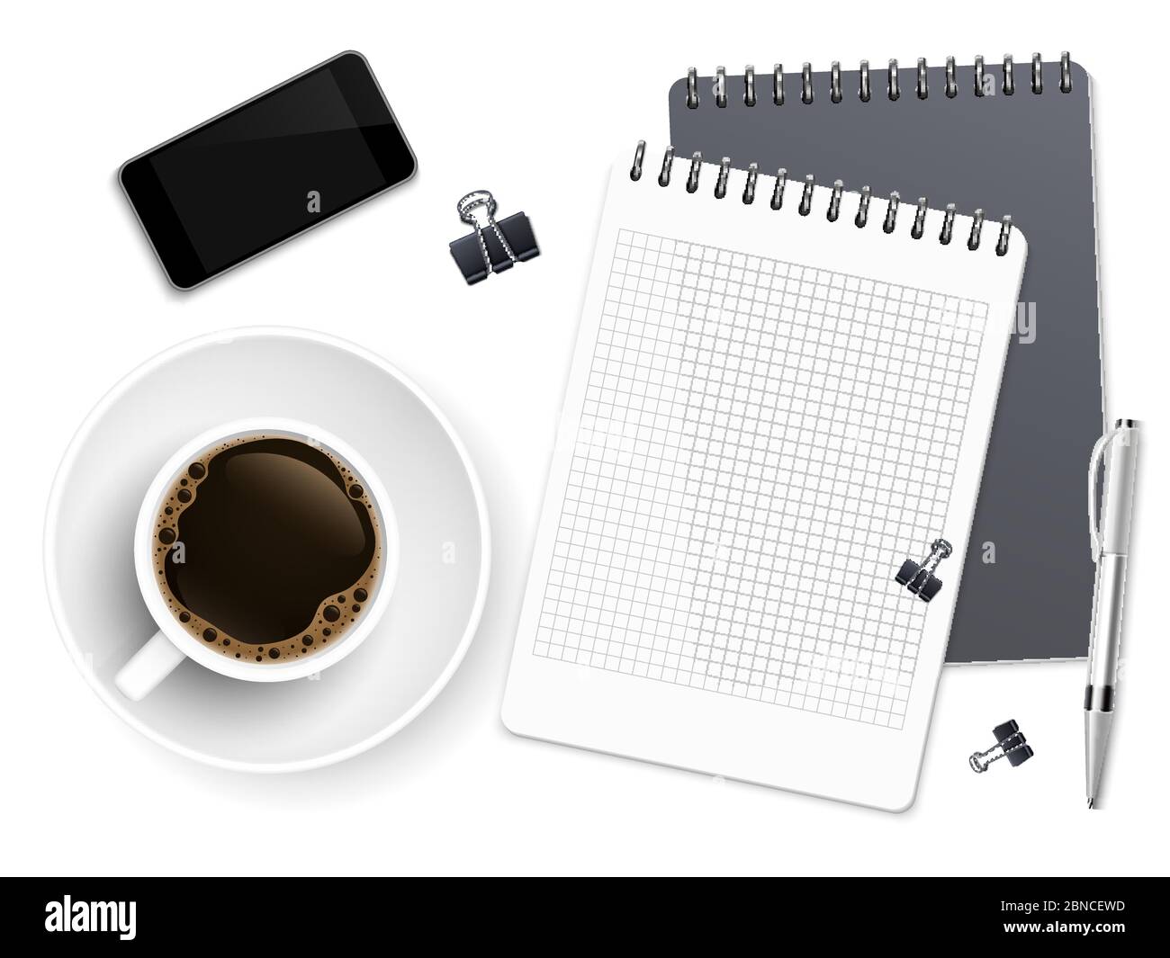 Ansicht von oben Kaffeepause mit Notizblock, Telefon und Tasse Kaffee. Arbeitsbereich Vektor Hintergrund mit Kaffee und Telefon, Notebook und Smartphone Illustration Stock Vektor