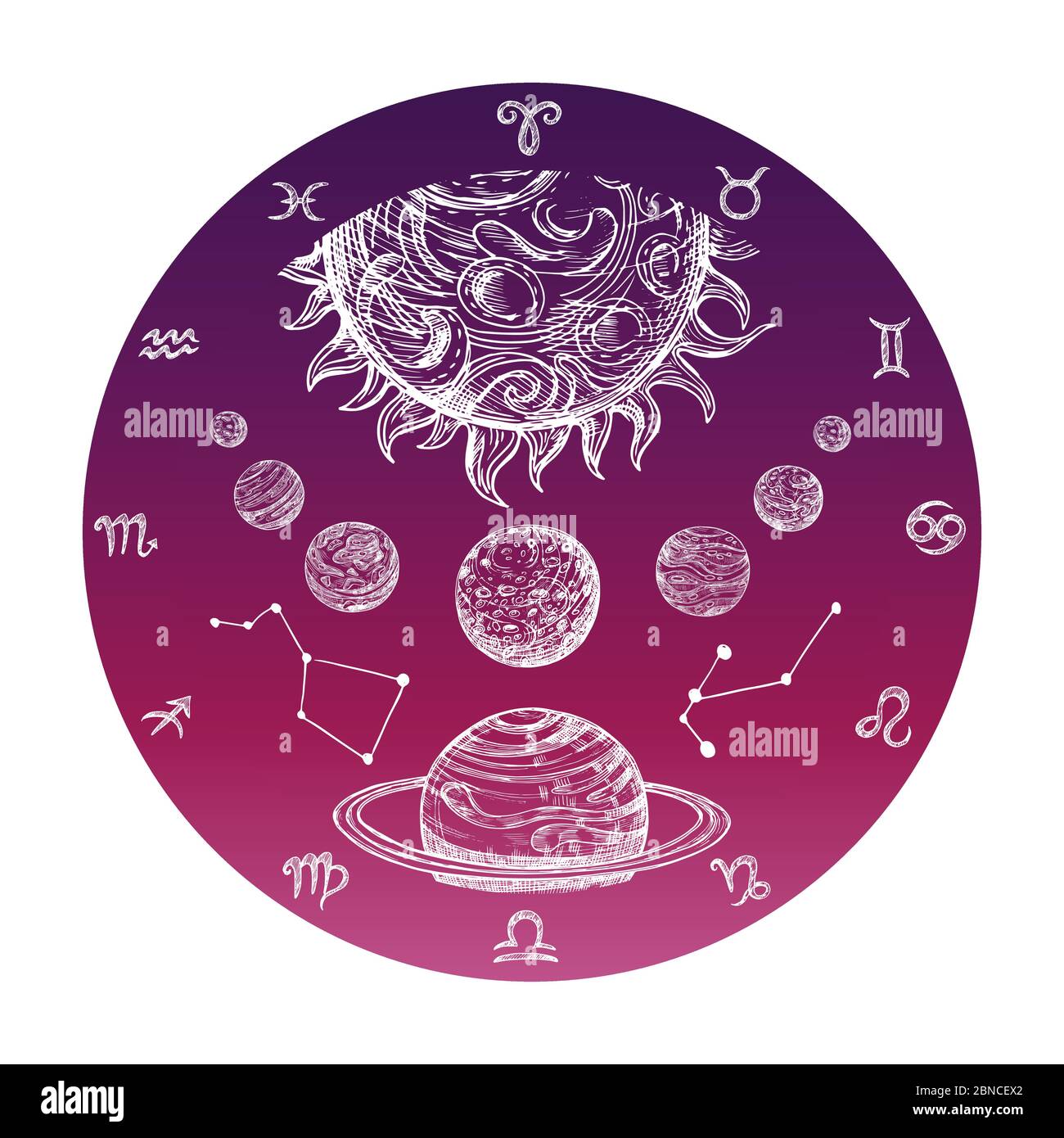 Farbe Hand gezeichnetes Astrologie Konzept mit Sternzeichen und Planetensystem Vektor Illustration. Astrologie und Tierkreis Symbol Horoskop Stock Vektor