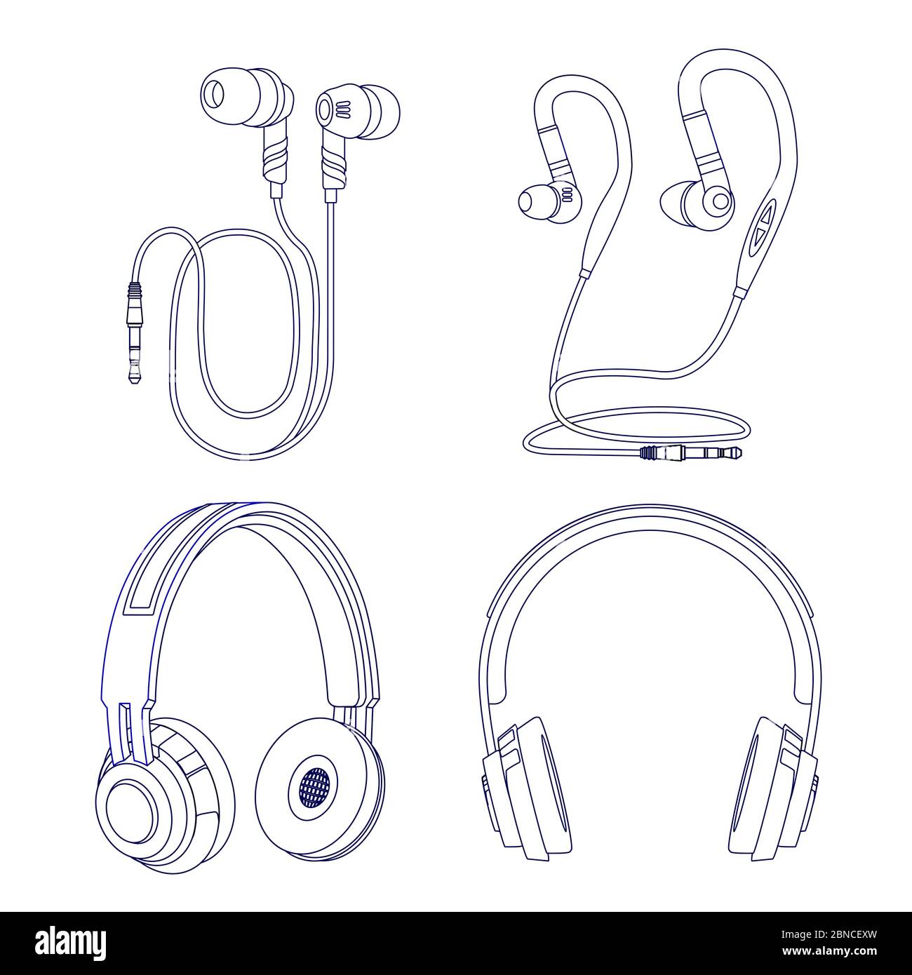 Line-Kopfhörer und Kopfhörer auf weißem Hintergrund isoliert. Illustration von Kopfhörer linear, Gadget Stereo-Hören Stock Vektor
