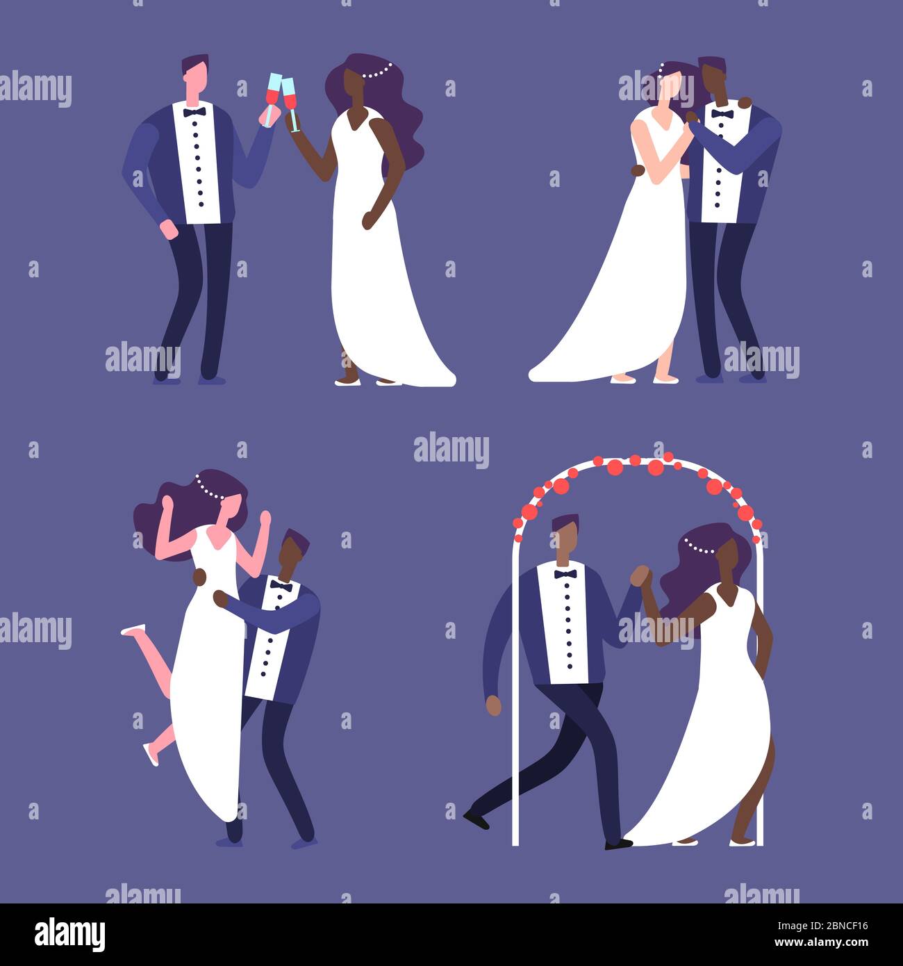 Interracial Ehe, Hochzeit Paare Vektor-Zeichen. Ehe, Liebe Mann und Braut Illustration Stock Vektor