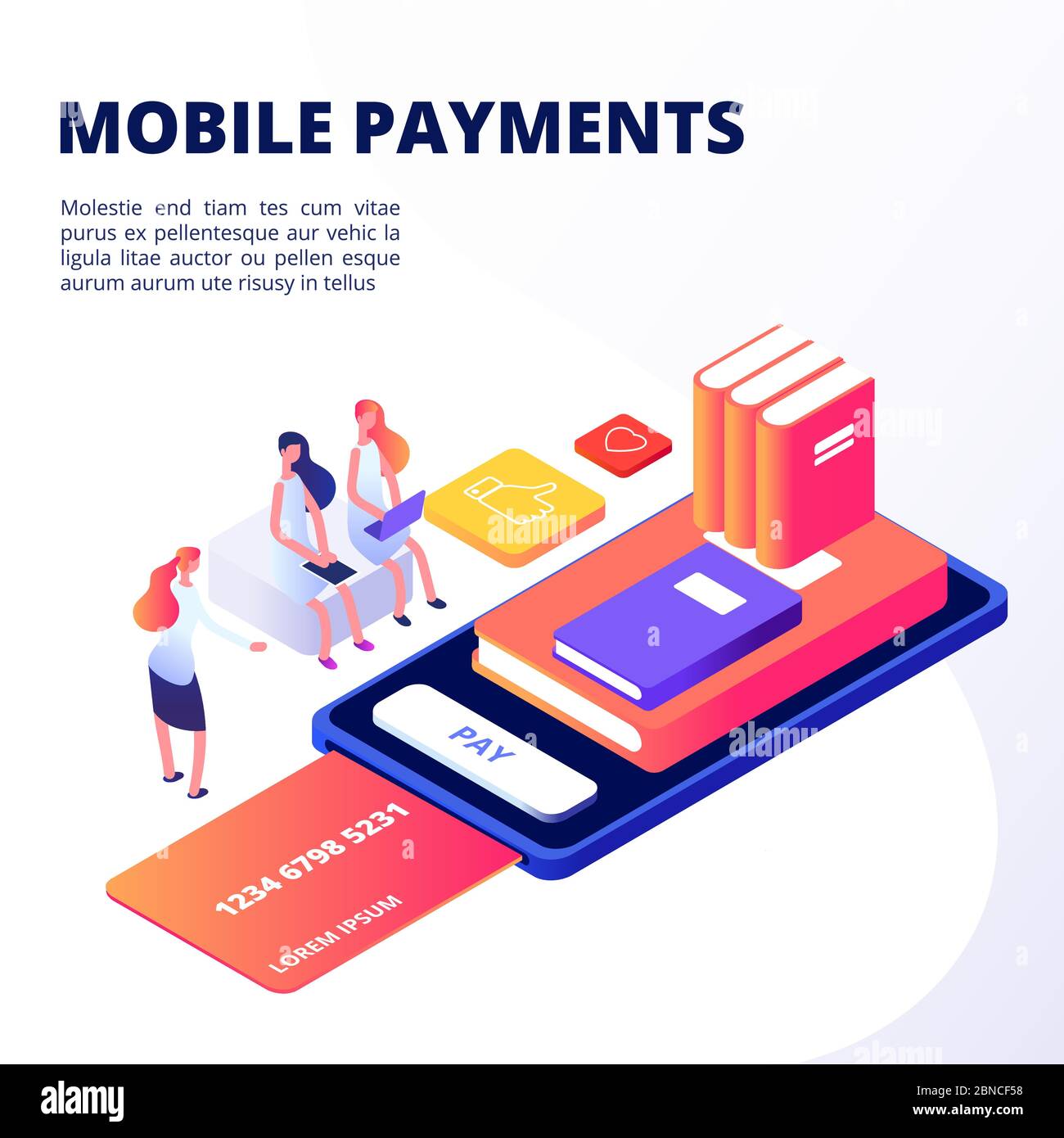 Mädchen kaufen Bücher in der mobilen App mit Kreditkarte Vektor-Konzept. Abbildung des Buy-in-Smartphones mit Kreditkarte Stock Vektor