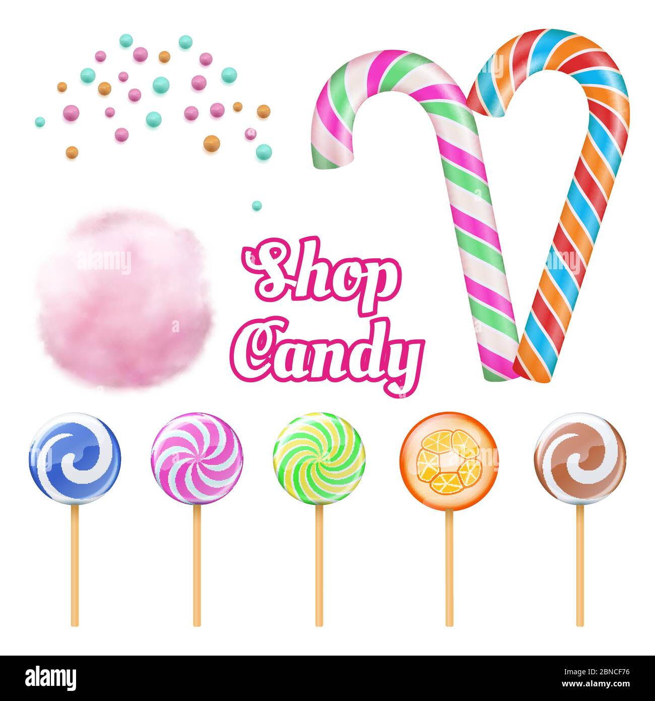 Vector realistische Süßigkeiten - Baumwolle candie und Lollipops isoliert auf weißem Hintergrund. Spiralen Lollipop und Watte, farbige gestreifte Twist Illustration Stock Vektor