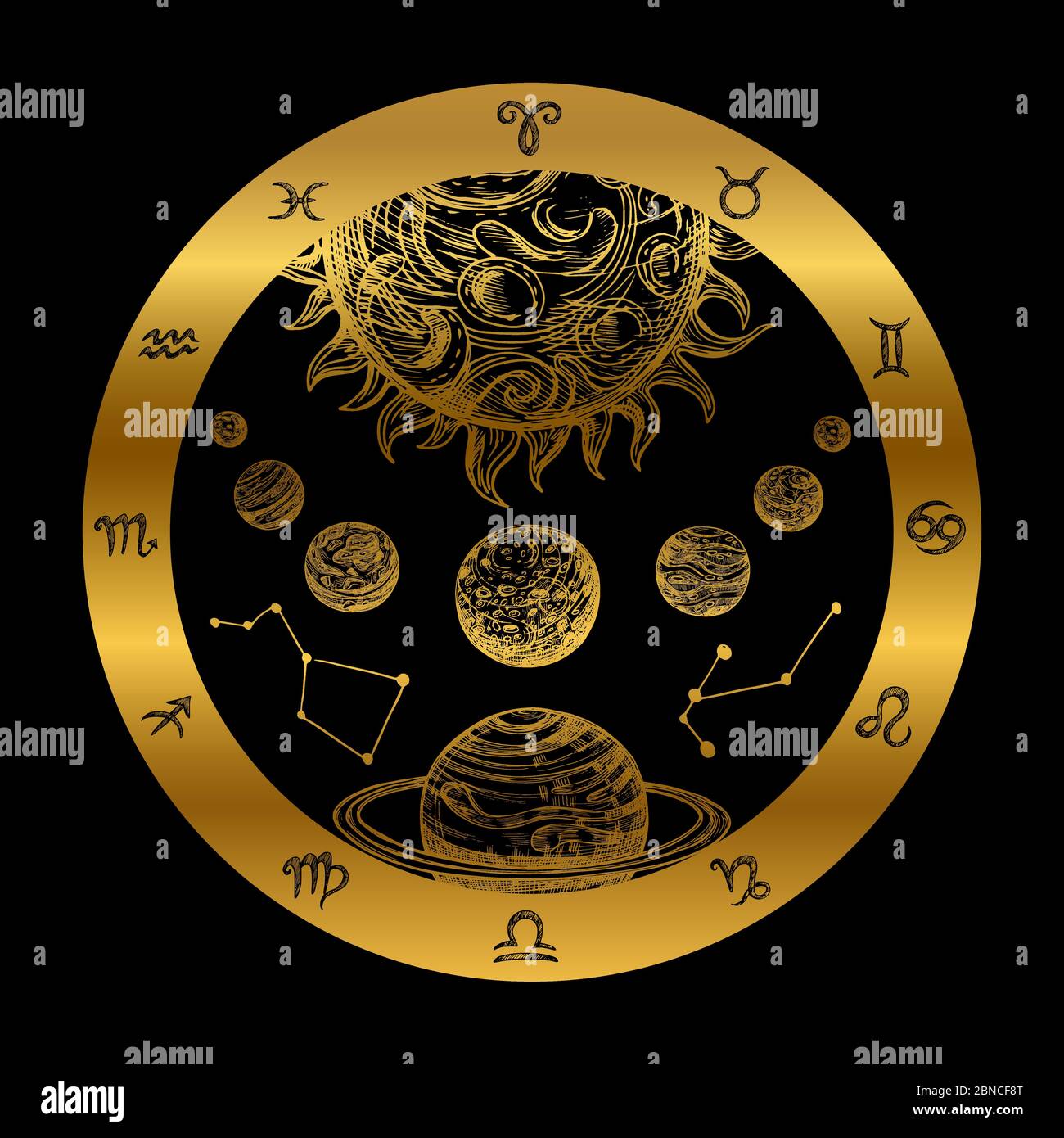 Goldenes Astrologiekonzept mit Planeten auf schwarzem Hintergrund isoliert. Goldene Astrologie Sternzeichen-Ikone, Planetarisches Horoskop mit Sternbild-Illustration Stock Vektor