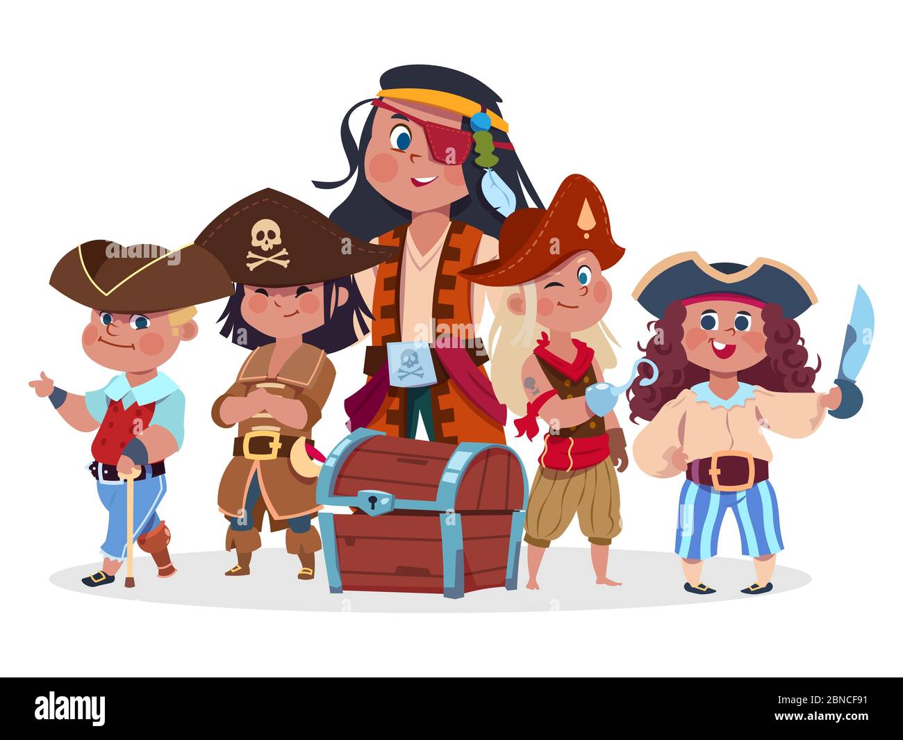 Piraten Kinder Team und Schatzkiste Vektor isoliert auf weißem Hintergrund. Crew von Piraten, Freibeuter Charakter mit Brustbild Stock Vektor