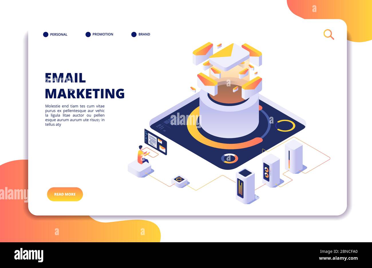 E-Mail-Marketing. Strategie zur Automatisierung von E-Mails. E-Mail Outbound Newsletter Kampagne, Versand Spammer Services isometrische Vektor Landing Page. Automatisierung Digital Service Mailing Illustration Stock Vektor