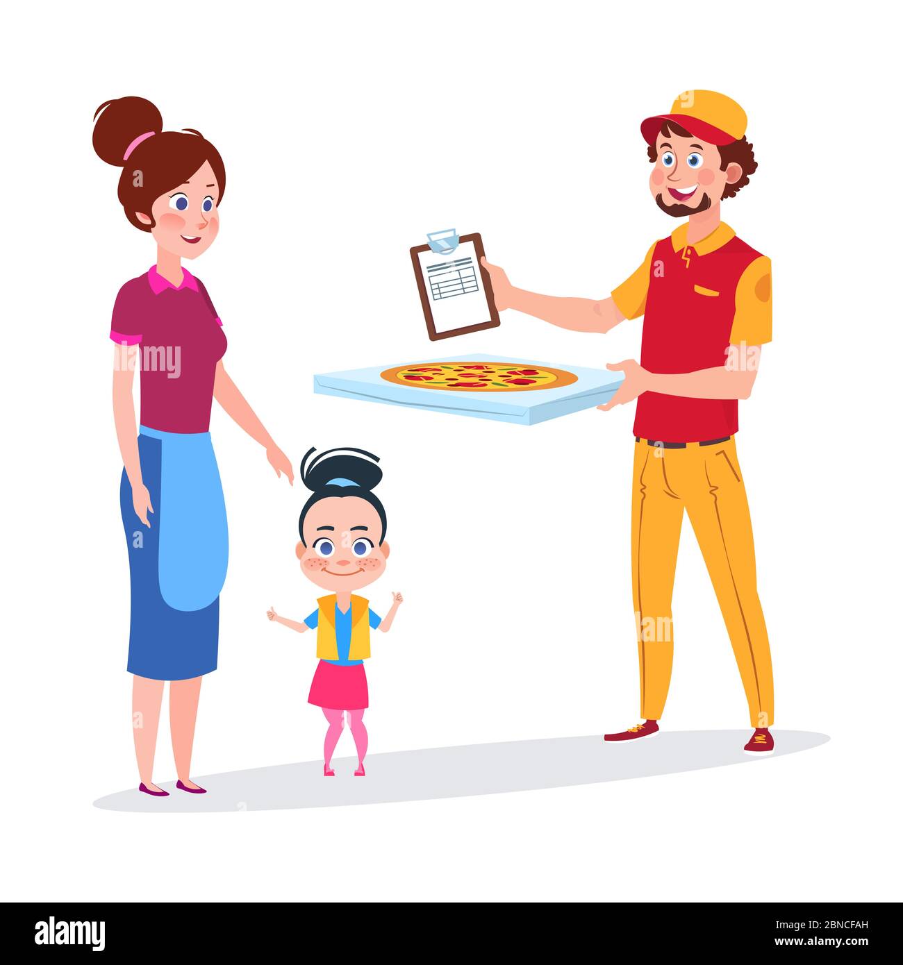 Baby Mädchen und ihre Mutter freuen Pizza Lieferung Vektor-Illustration. Pizza Lieferung, Kurierdienst mit Box liefern Stock Vektor