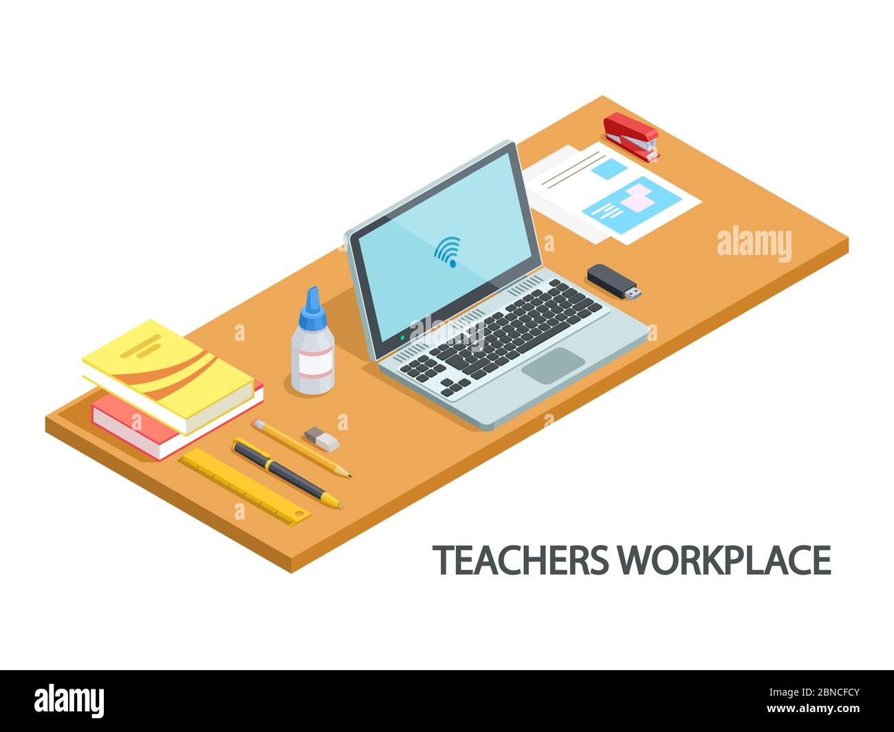 Illustration der modernen Lehrer Arbeitsplatz isometrische Vektor-Design. Lehrer Arbeitstisch und Arbeitsplatz schreibtisch 3d Stock Vektor