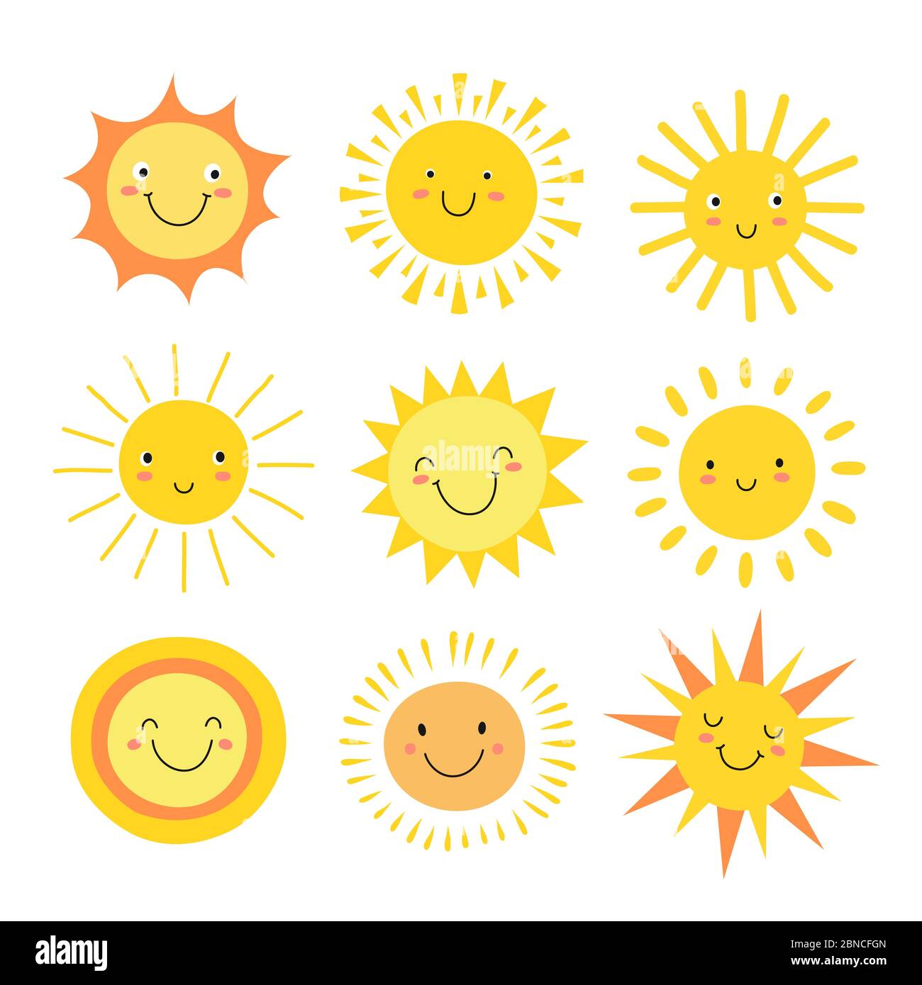 Sun Emoji. Lustige Sommer Sonnenschein, Sonne Baby glücklich Morgen Emoticons. Cartoon sonnig lächelnde Gesichter Vektor-Symbole. Illustration von Sonne Wärme, Emoji und Emotion Maskottchen Stock Vektor