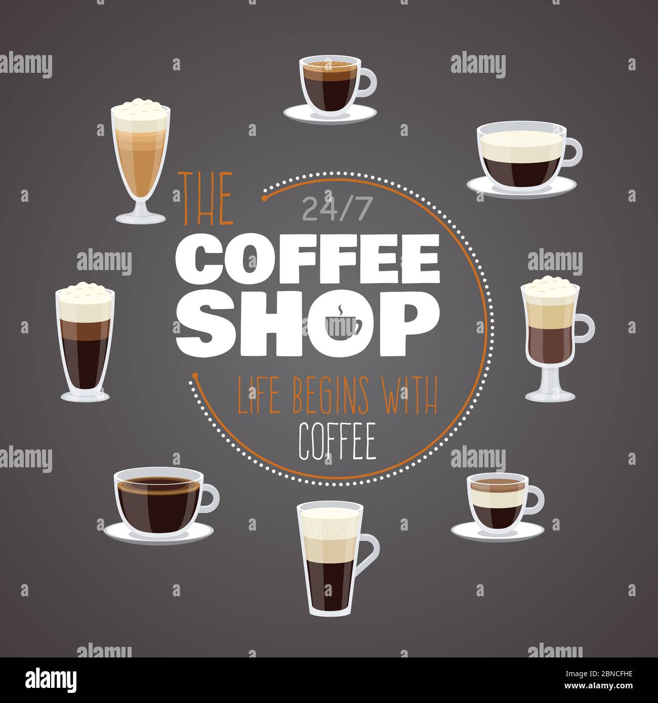 Den ganzen Tag mit Kaffee - Café Vektor Banner mit Tassen mit verschiedenen Heißgetränken. Trinken Kaffeetasse Banner, heißen Espresso und Mokka Illustration Stock Vektor