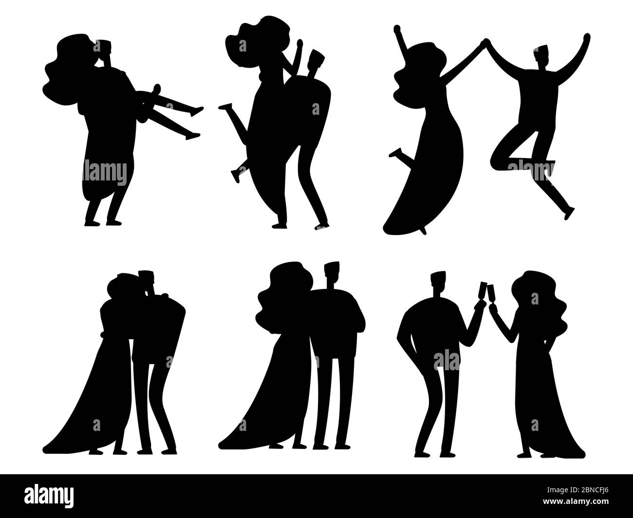 Glücklich verheiratete Paare sihouettes Vektor-Design isoliert. Silhouette Paar schwarz, Hochzeit Ehe weiblich und männlich Illustration Stock Vektor