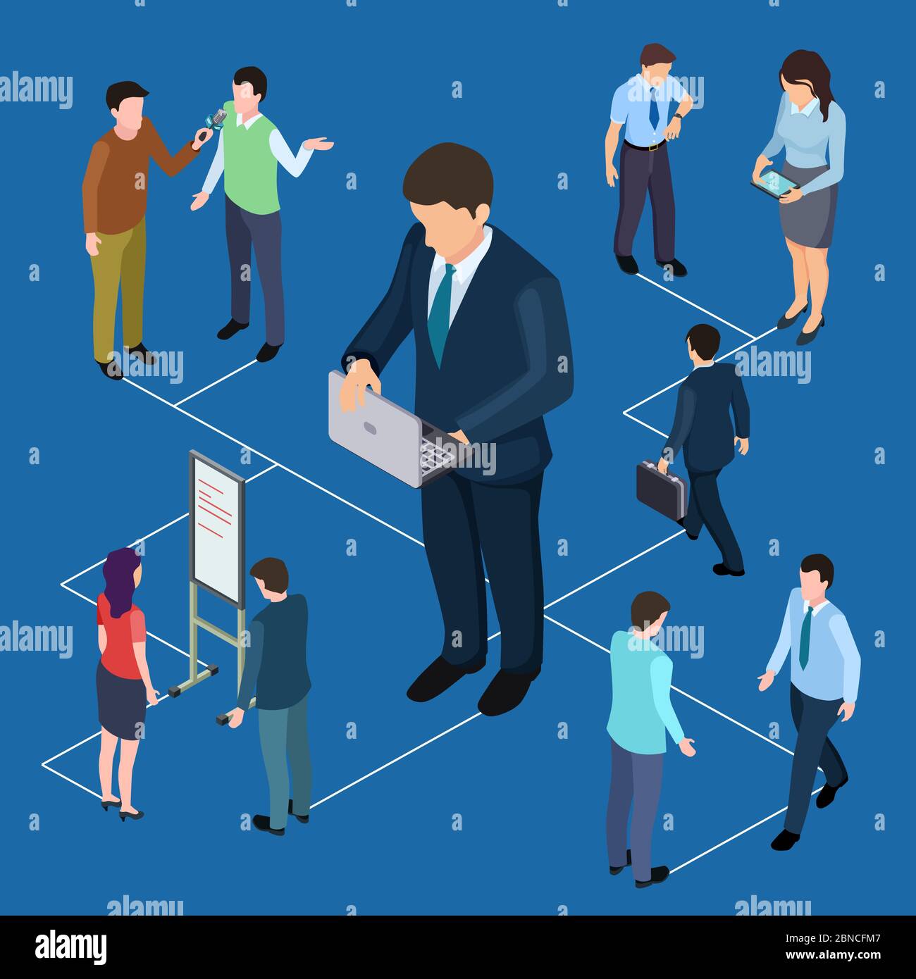 Remote-Management von Business und Menschen isometrischen Vektor-Konzept. Abbildung des Remote-Management-Geschäfts weiblich und männlich Stock Vektor