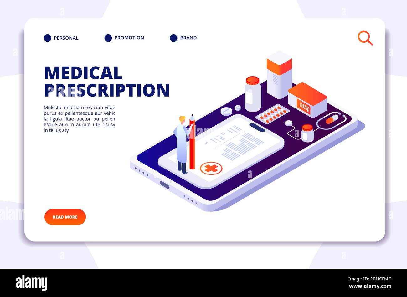 Isometrische Landing Page für Apotheken. Apotheker und Kunden kaufen Pillen in der Drogerie. Medizin und Gesundheitswesen Vektor 3d-Konzept. Abbildung der medizinischen Gesundheitsversorgung und Medikamentenberatung Stock Vektor