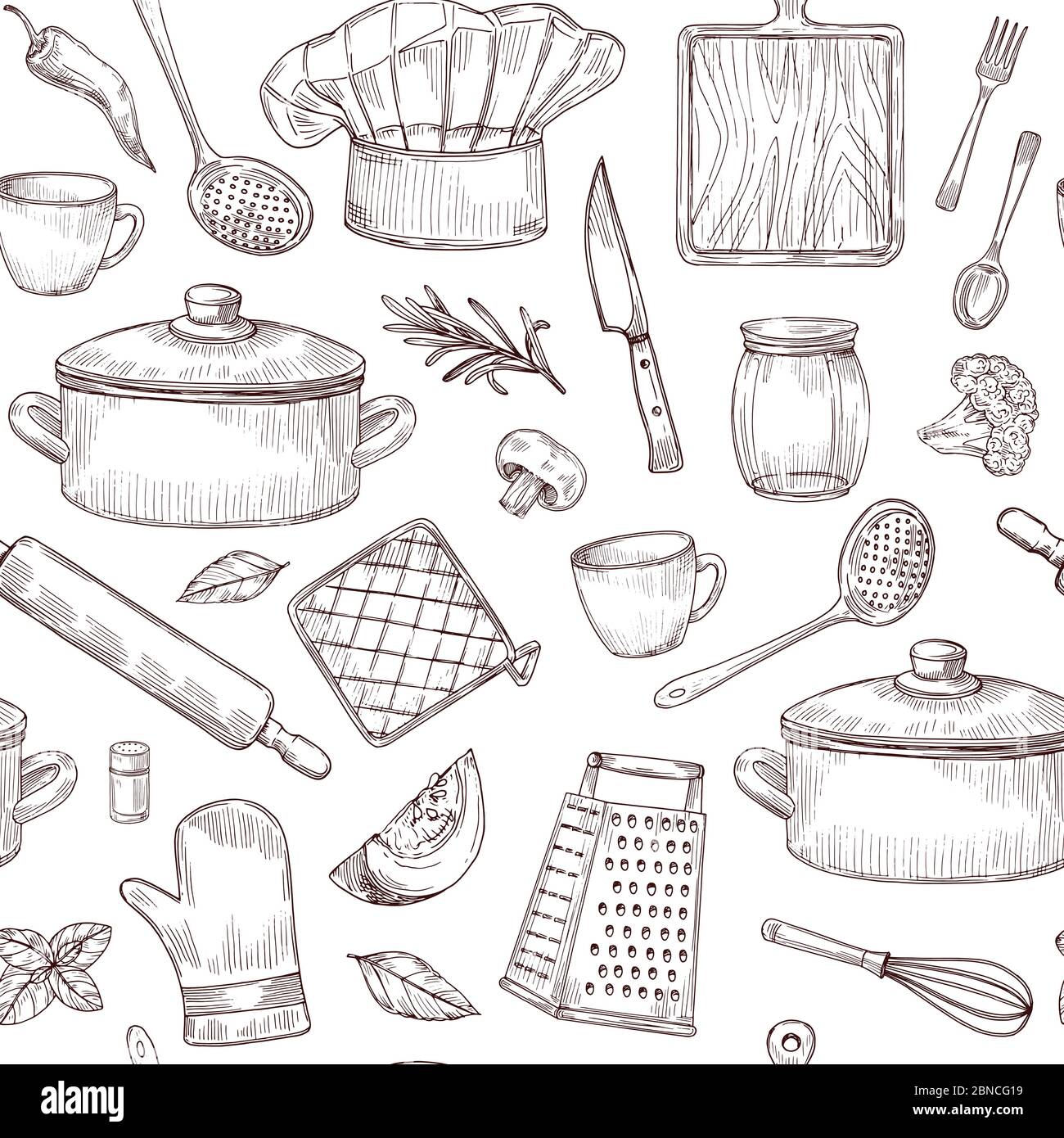 Küchenwerkzeuge nahtloses Muster. Skizze Kochutensilien Hand gezeichnete Geschirr. Eingravierte Küche Elemente Vektor Hintergrund. Küchenutensilien, Kochgeschirr, Kochtopf und Löffel Illustration Stock Vektor