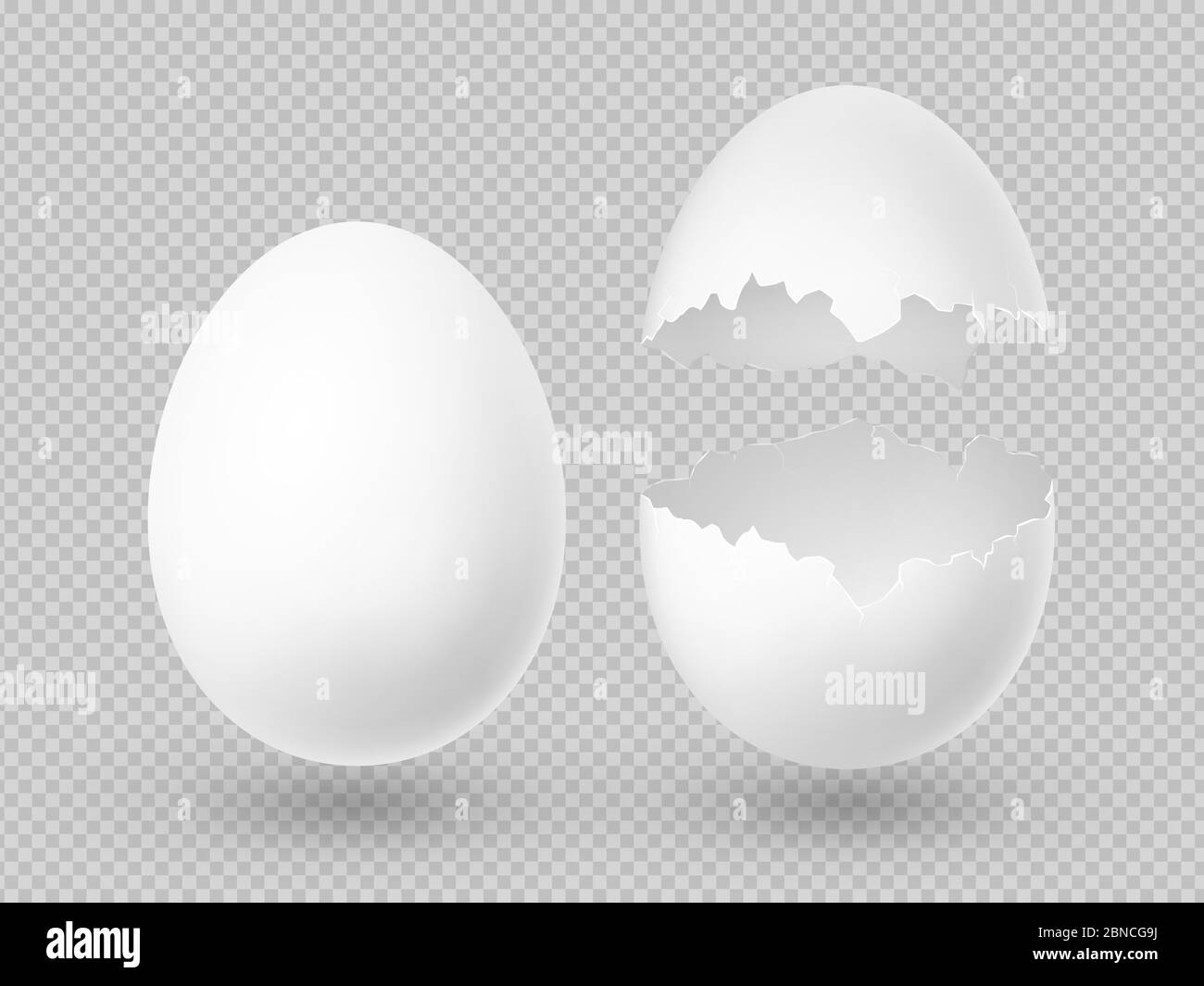 Realistische Vektor weiße Eier mit ganzen und gebrochenen Schale isoliert auf transparentem Hintergrund Illustration Stock Vektor