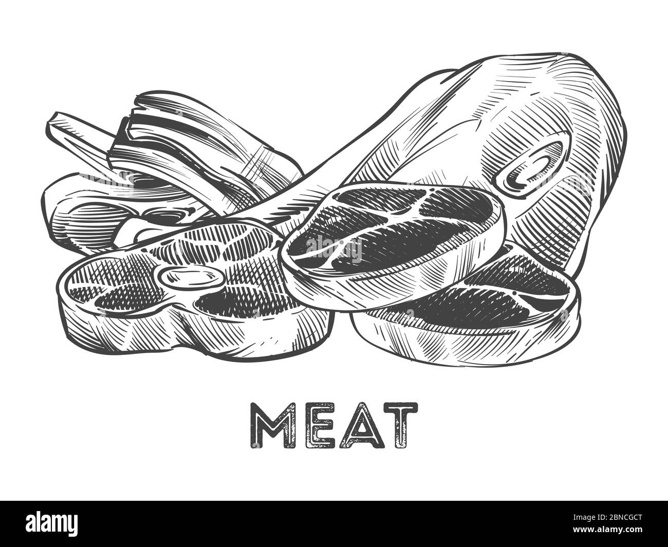 Handgezeichnetes Steak, Rippchen, frisches Fleisch auf weißem Hintergrund isoliert. Vektorgrafik Stock Vektor