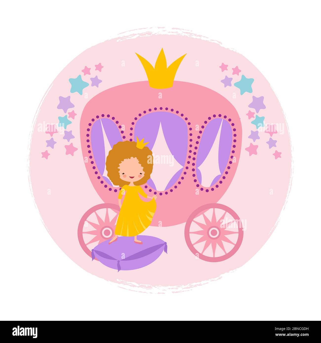 Cartoon Charakter niedliche kleine Prinzessin und Coach Karte Vektor Vorlage. Illustration von Prinzessin Mädchen in hübschen Kleid Kostüm Stock Vektor