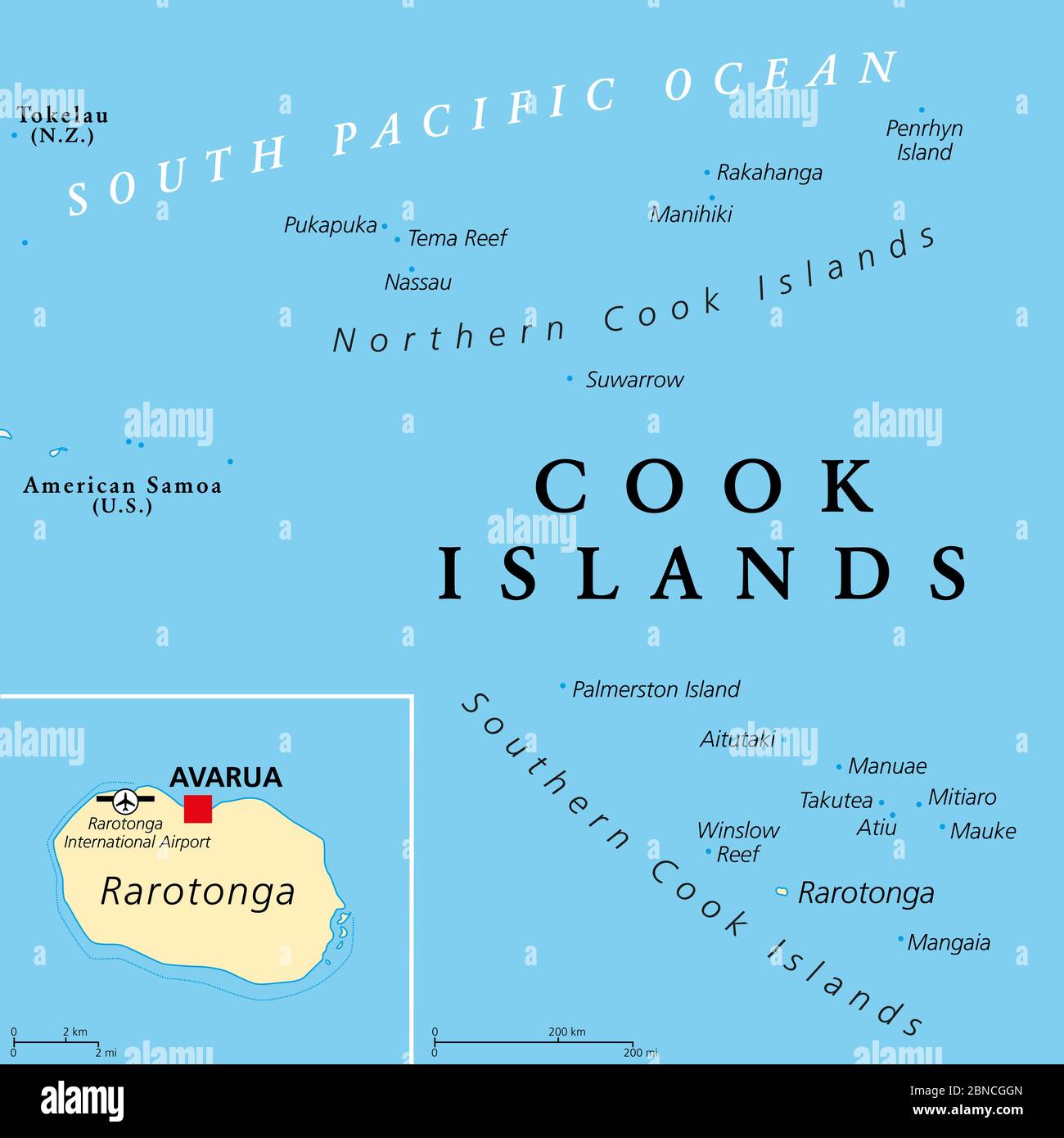 Cook Islands politische Karte mit der Hauptstadt Avarua. Selbstverwaltendes Inselland im Südpazifik in freier Verbindung mit Neuseeland. Stockfoto