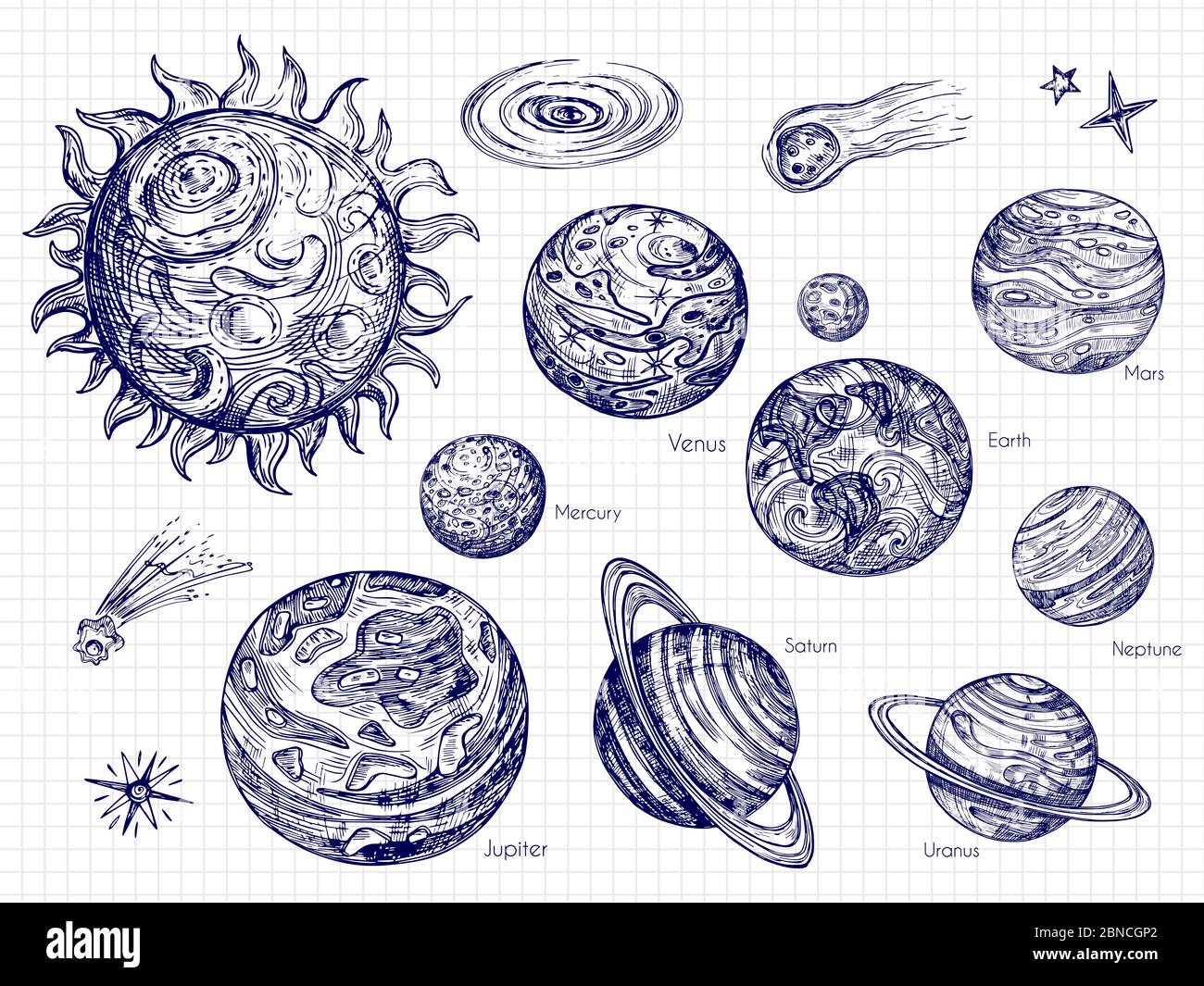 Handgezeichnete Sonnensystem und Raumelemente Vektor-Design. Illustration des Galaxienraums mit Sonnensystem mit Planeten Stock Vektor