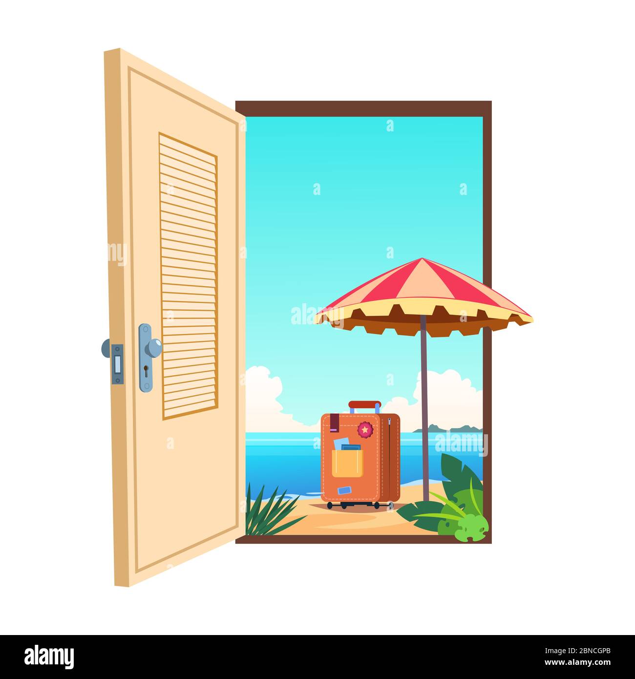 Willkommen bei der Strand Cartoon Vektor Vorlage. Illustration der Tür zum Meer Strand, Paradies Reise Stock Vektor