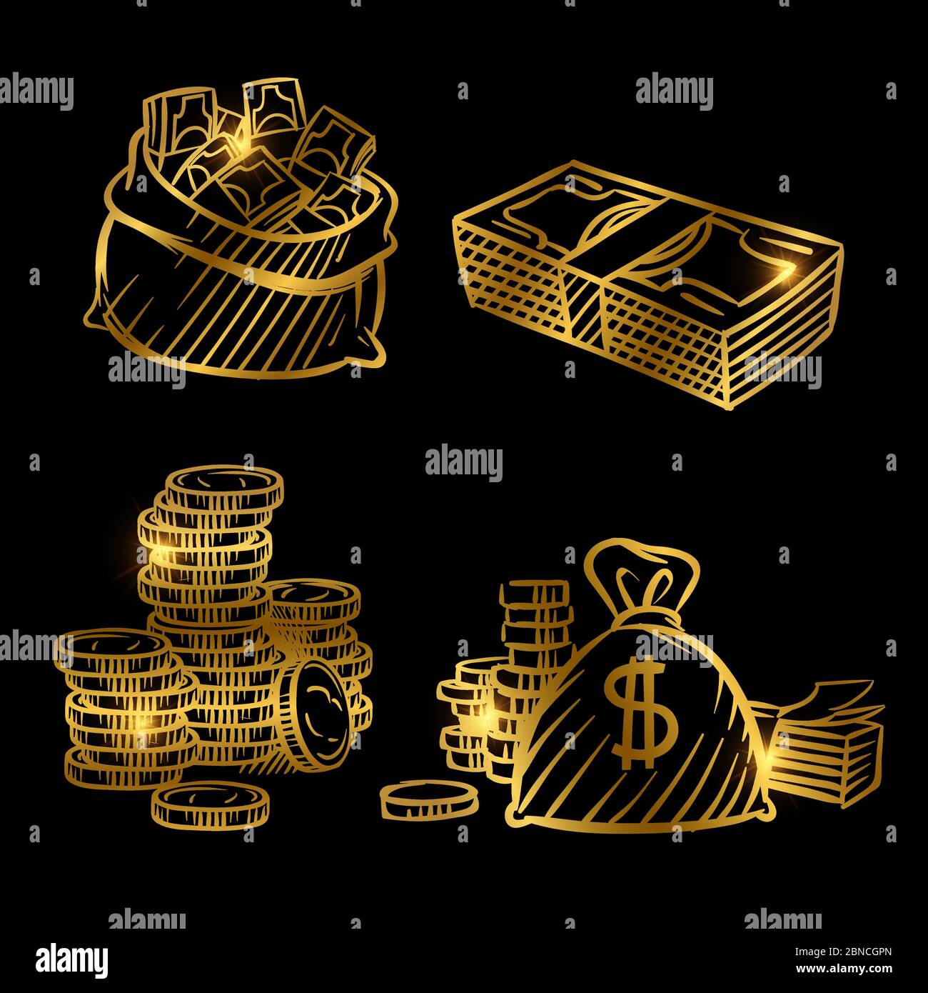 Skizze des Geldes. Goldene Vektormünzen und Geld auf schwarzem Hintergrund isoliert. Illustration von Geld goldene Skizze, Gold Cash Münze Stock Vektor