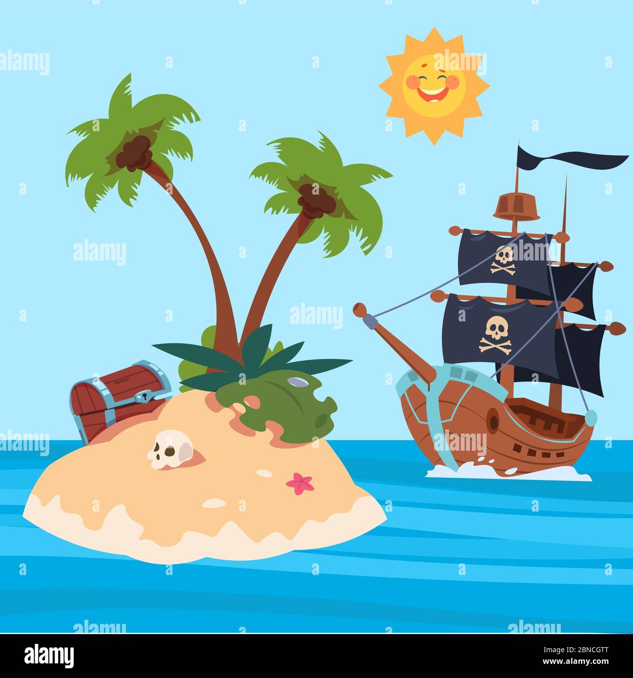 Piraten Schiff und Schätze Insel Vektor Illustration. Schatz auf Sandinsel im Meer Stock Vektor