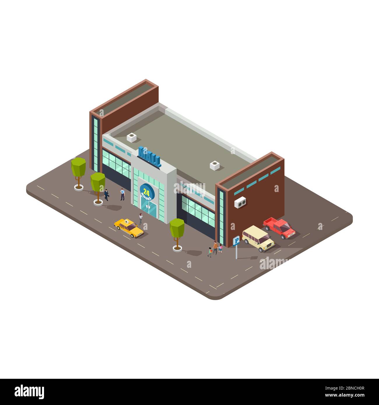 3D-Mall oder Einkaufszentrum mit Menschen, Taxi und Parkplatz mit Autos Vektor-Illustration. Mall 3d und Business Shop isometrisch Stock Vektor