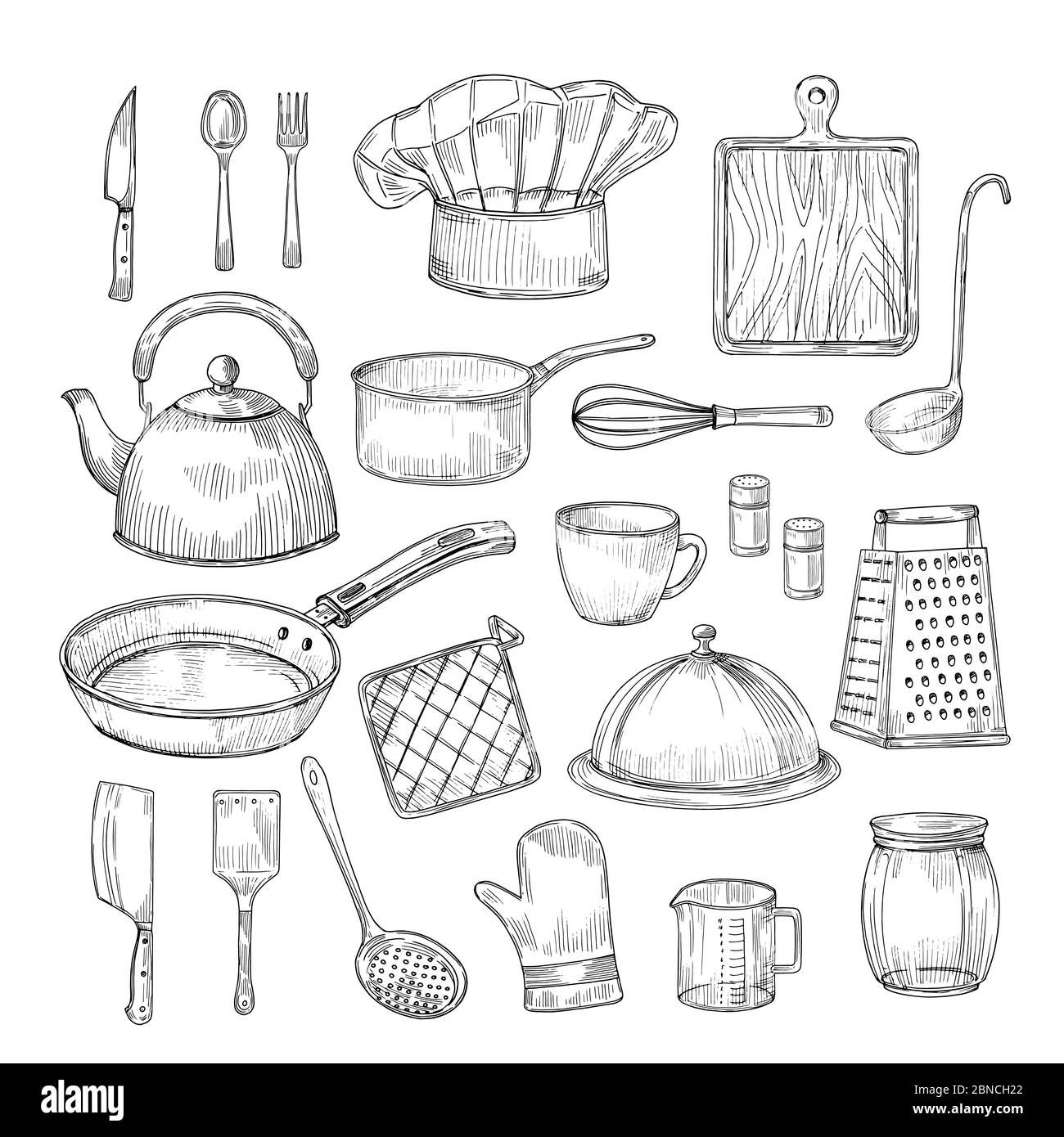 Handgezeichnete Kochwerkzeuge. Küchenausstattung Küchenutensilien Utensilien Vintage Skizze Vektor-Kollektion. Abbildung von Küchengeräten, Löffel und Schüssel Stock Vektor