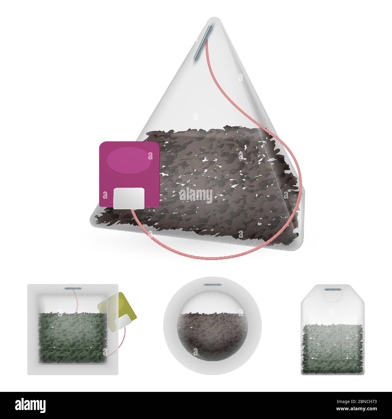 Beutel mit Kräuter-, Grün- und Schwarztee isoliert auf weißem Hintergrund. Illustration von Beutel Tee grün und Kräuter Stock Vektor