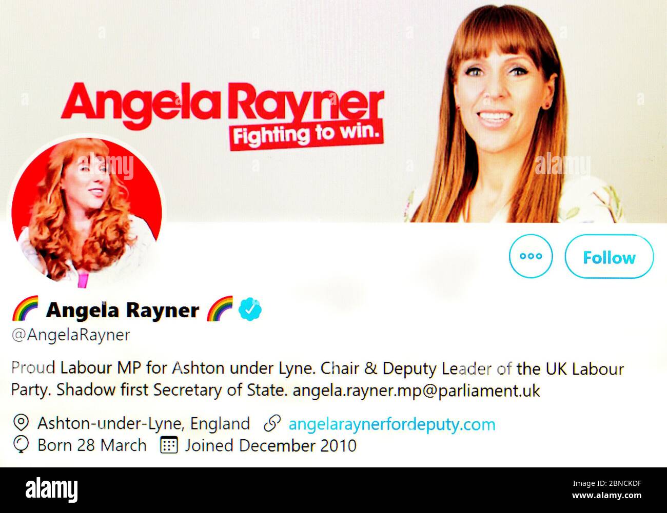 Twitter-Seite (Mai 2020) Angela Rayner Abgeordnete - stellvertretende Vorsitzende der Labour Party Stockfoto
