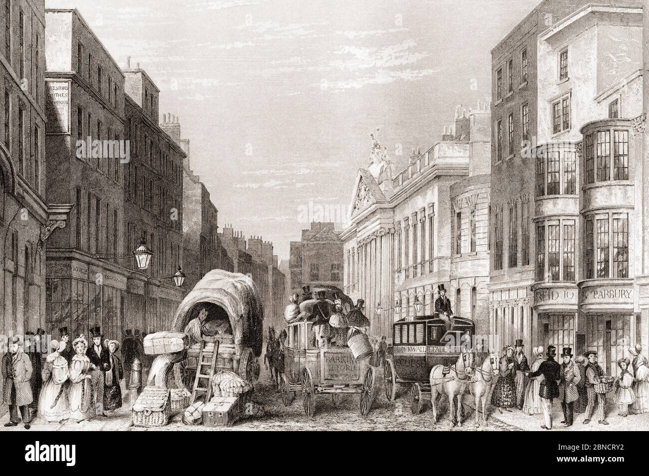 Leadenhall Street, London, England, 19. Jahrhundert. Aus der Geschichte Londons: Illustriert durch Ansichten in London und Westminster, erschienen um 1838. Stockfoto