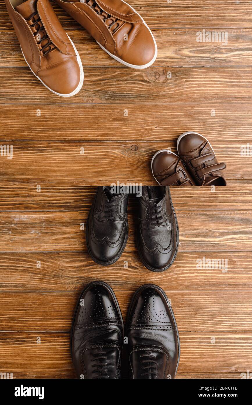 Split-Bild mit Herren und Kinder braun und schwarz Schuhe auf Holzhintergrund, Väter Tag Konzept Stockfoto