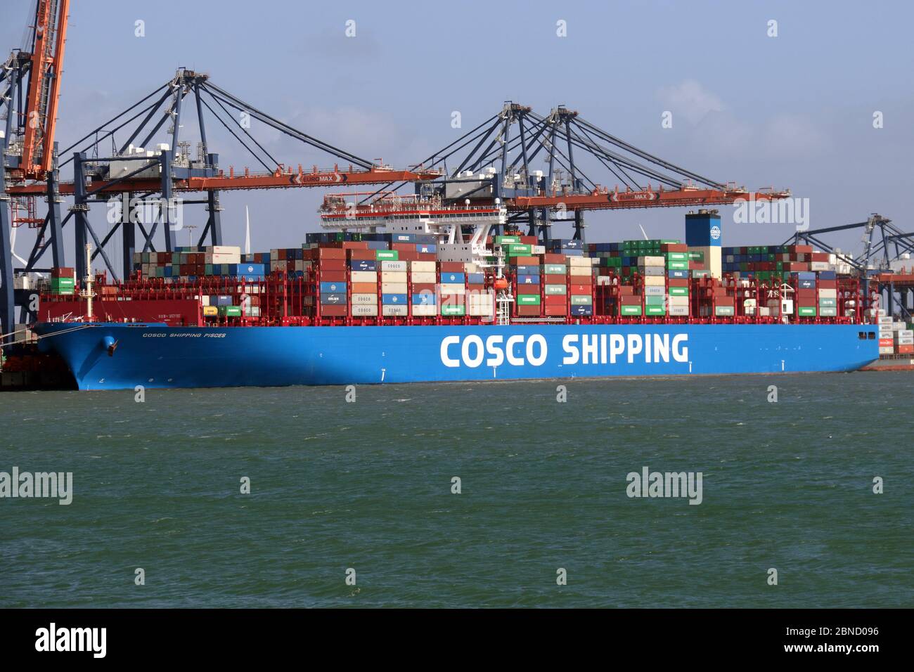 Das Containerschiff COSCO Shipping Pisces wird am 12. März 2020 im Hafen von Rotterdam geladen. Stockfoto