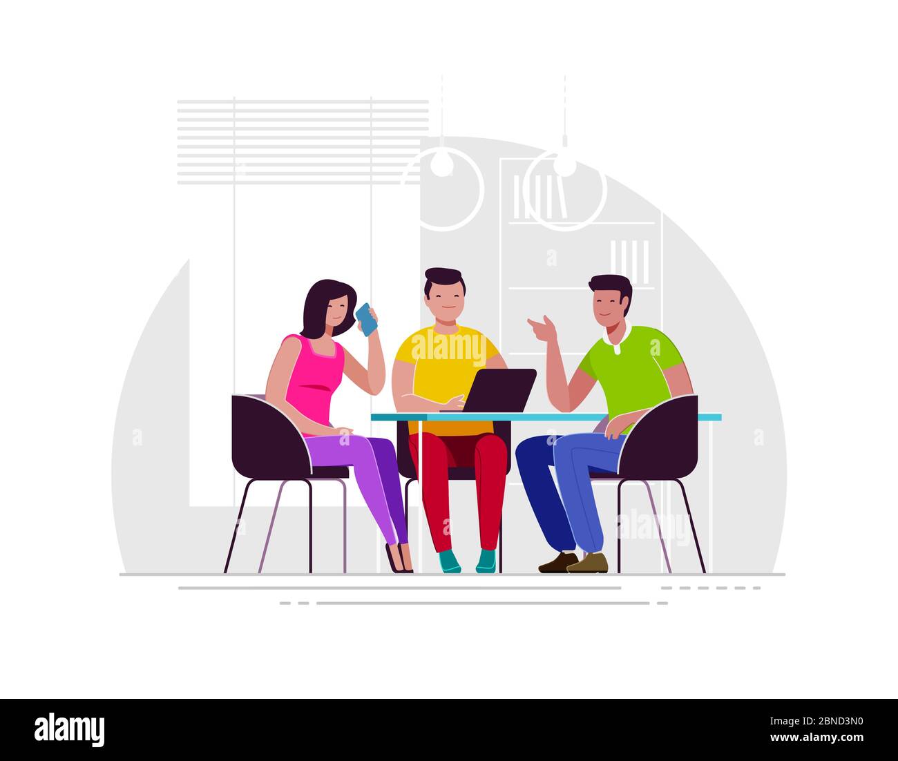Teamarbeit, Brainstorming. Mitarbeiter verhandeln, während sie am Tisch sitzen Stock Vektor