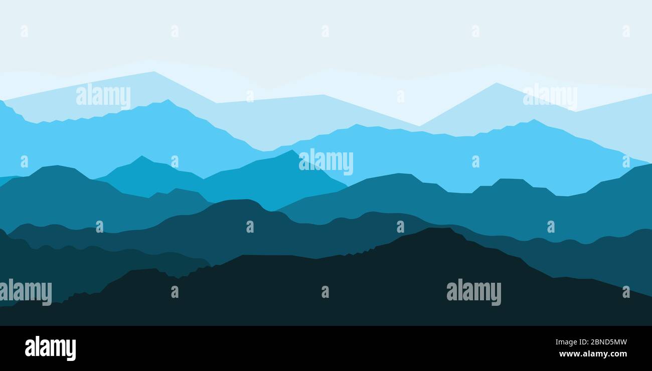 Panorama auf den Berg. Blaue Silhouetten in Luftperspektive. Horizontale Vektordarstellung von Bergrücken. Stock Vektor